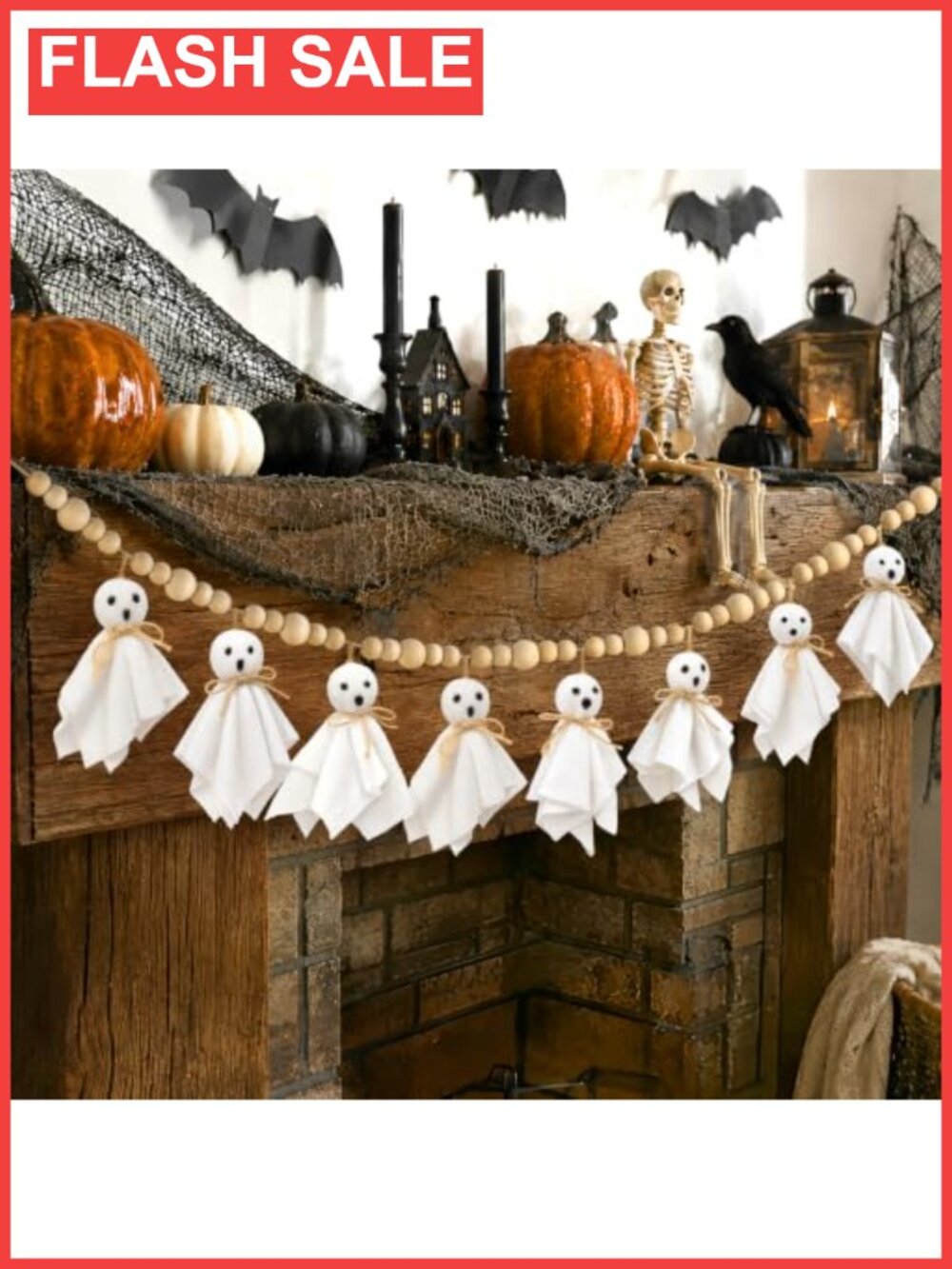 Halloween Ghost Garland Wooden Beads 4.46ft Pre-Assembled Hanging Banner